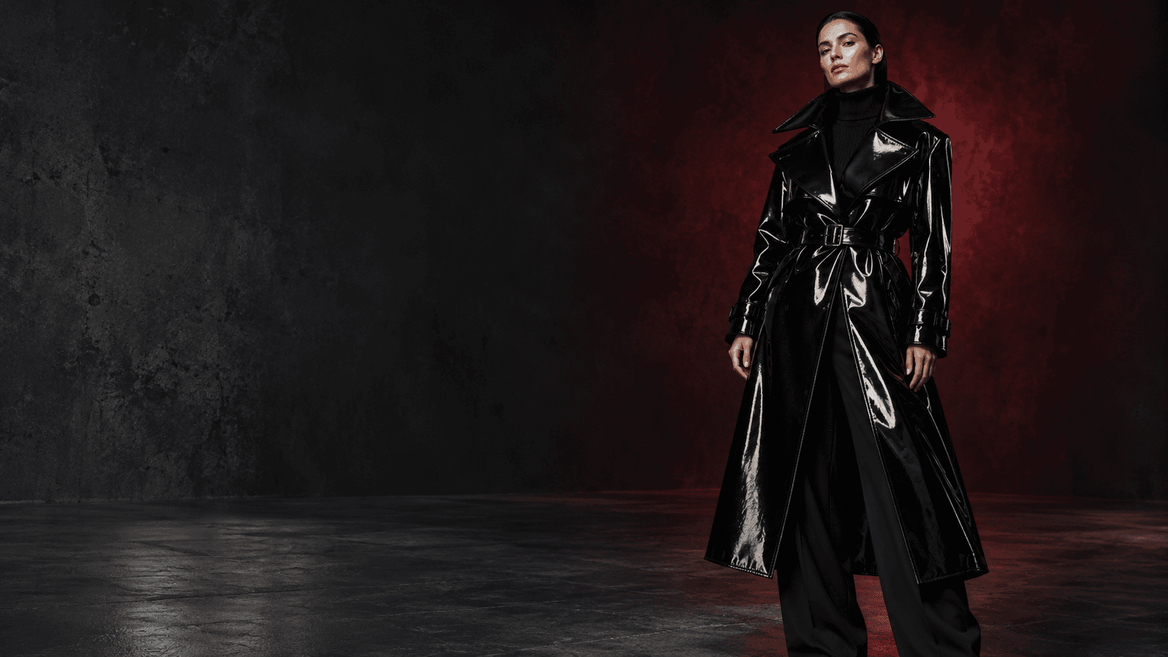 Vantalustre glossy black outerwear editorial